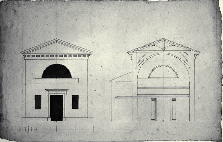 Prospetto e sezione trasversale della chiesa della Madonna del Rosario a Annone di Brianza (disegno) di Amati, Carlo (sec. XIX)