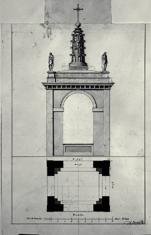 Pianta e prospetto del campanile della chiesa di S. Maria de' Servi a Milano (disegno) di Amati, Carlo (sec. XIX)