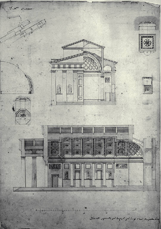 Prospetto e sezioni di un tempio esastilo con dettaglio dei lacunari (disegno) di Amati, Marco (sec. XIX)