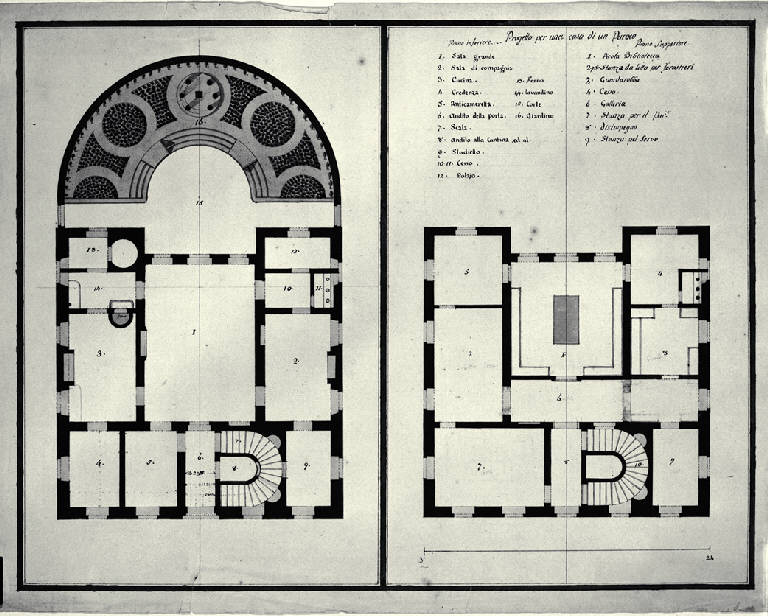 Pianta del pianoterra e del piano superiore della casa di un parroco (disegno) di Amati, Carlo (sec. XVIII)