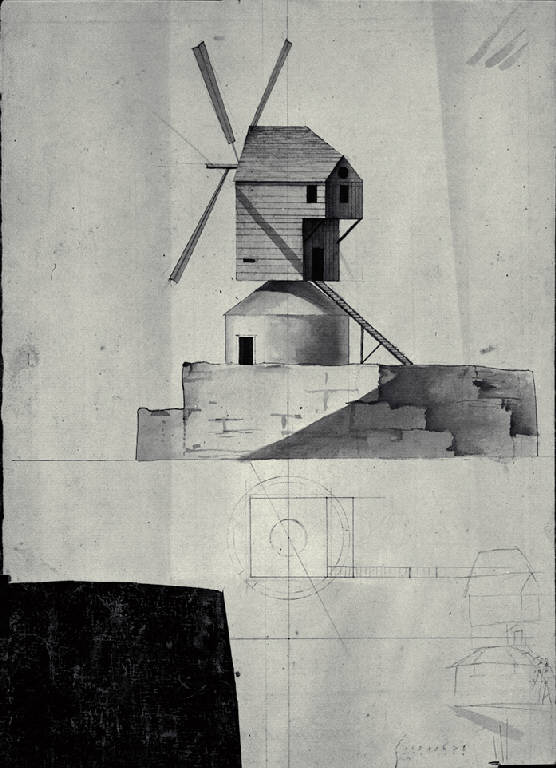 Pianta e prospetto di un mulino per giardino all'inglese (disegno) di Amati, Carlo (sec. XIX)