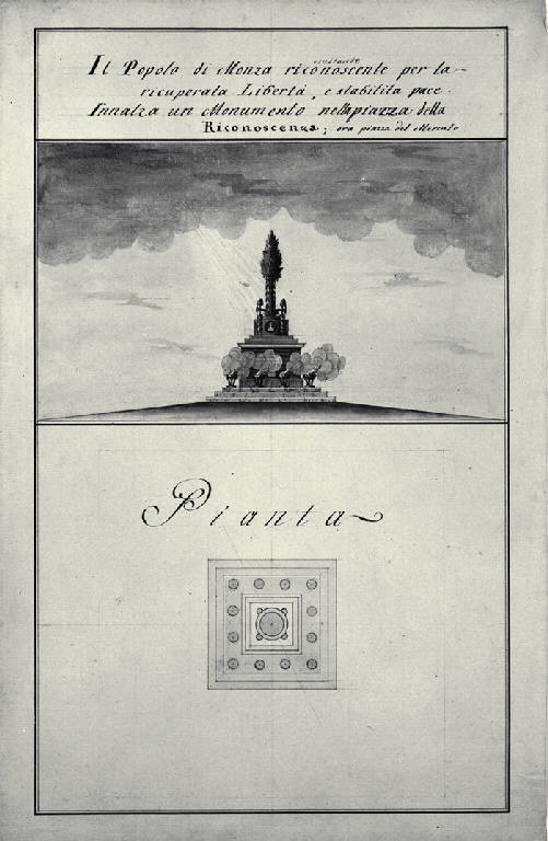 Pianta e prospetto di un monumento per piazza della Riconoscenza a Monza (disegno) di Amati, Carlo (sec. XIX)