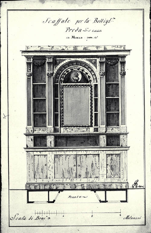 Pianta e prospetto di uno scaffale della bottiglieria Preda a Monza (disegno) di Amati, Carlo (sec. XIX)