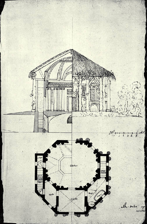 Pianta, sezione e prospetto di un caffehaus (disegno) di Amati, Carlo (sec. XIX)