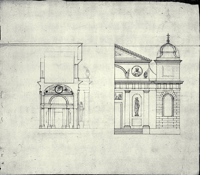 Prospetto e sezione trasversale della prima campata di una chiesa con pronao dorico e torri laterali (disegno) di Amati, Carlo (sec. XVIII)