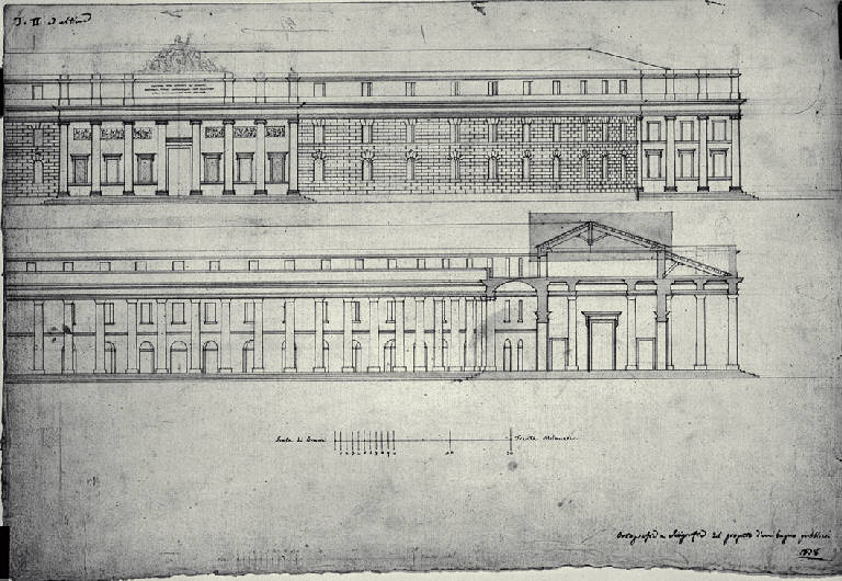 Prospetto e sezione di un bagno pubblico porticato (disegno) di Amati, Marco (sec. XIX)