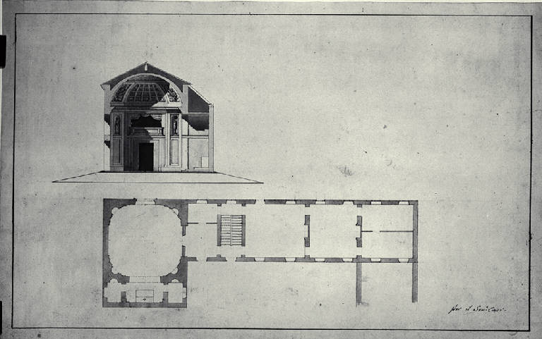 Pianta e sezione dell'oratorio del senatore Croci (disegno) di Amati, Carlo (prima metà sec. XIX)