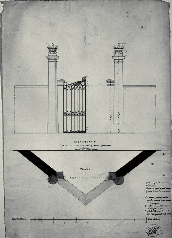 Pianta e prospetto del cancello di Villa Pallavicini a Robecco (disegno) di Amati, Carlo (sec. XIX)