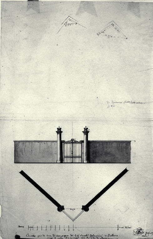 Pianta e prospetto del cancello di Villa Pallavicini a Robecco (disegno) di Amati, Carlo (sec. XIX)
