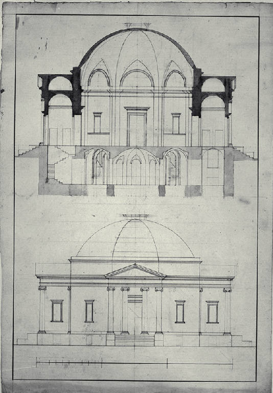 Sezione trasversale e prospetto di un caffehaus (disegno) di Amati, Marco (sec. XIX)