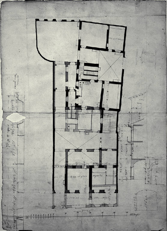 Pianta e sezione parziale della Casa Brocca a Milano (già Corsia de' Servi 603) (disegno) di Amati, Carlo (sec. XIX)