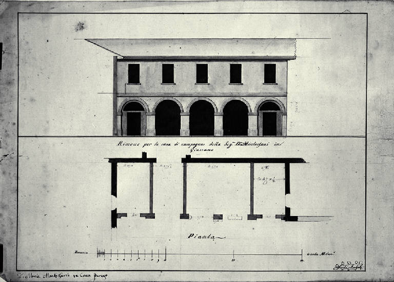 Pianta e prospetto delle rimesse di Casa Montorfani a Giussano (disegno) di Amati, Carlo (sec. XIX)