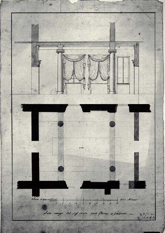 Pianta e sezione trasversale della sala da pranzo della Villa Durini a Fabbrica (disegno) di Amati, Carlo (sec. XIX)