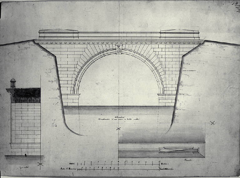 Pianta, sezione e prospetto di un ponte (disegno) di Amati, Carlo (inizio sec. XIX)