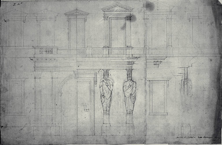 Prospetto parziale di un palazzo con telamoni (disegno) di Amati, Marco (sec. XIX)