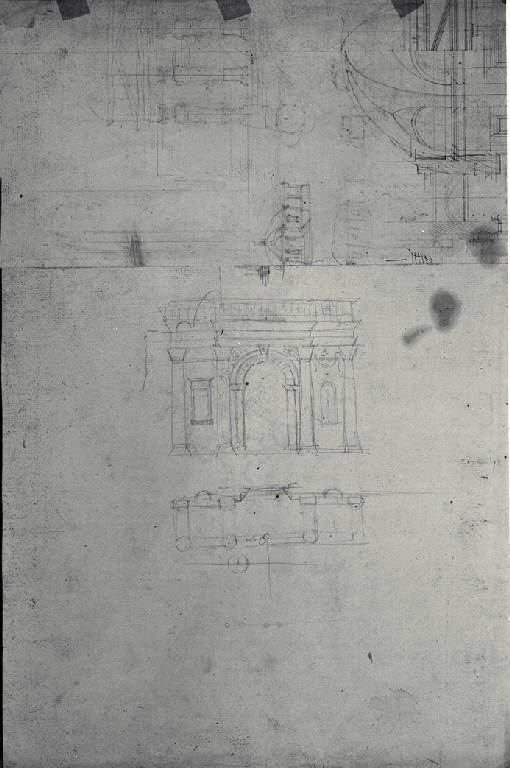 Pianta, prospetti e sezione parziali di edifici (disegno) di Amati, Marco (sec. XIX)