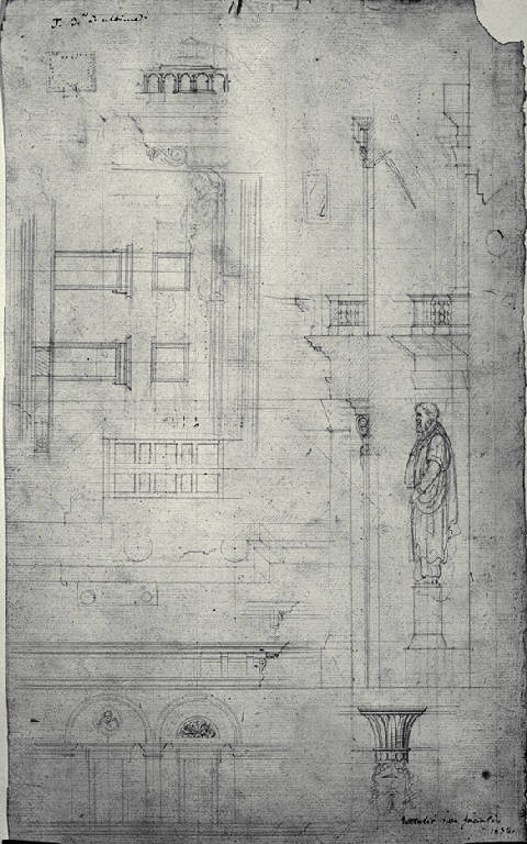 Elementi architettonici e decorativi di un palazzo con telamoni (disegno) di Amati, Marco (sec. XIX)