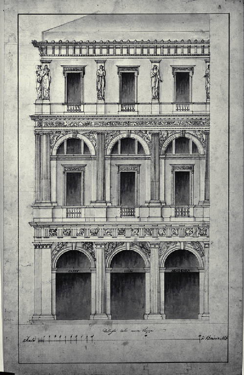 Prospetto di un palazzo monumentale (disegno) - ambito lombardo (inizio sec. XIX)