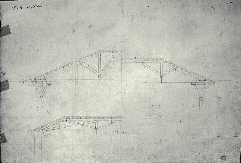 Sezione dell'armatura del tetto di un teatro diurno e notturno (disegno) di Amati, Marco (sec. XIX)