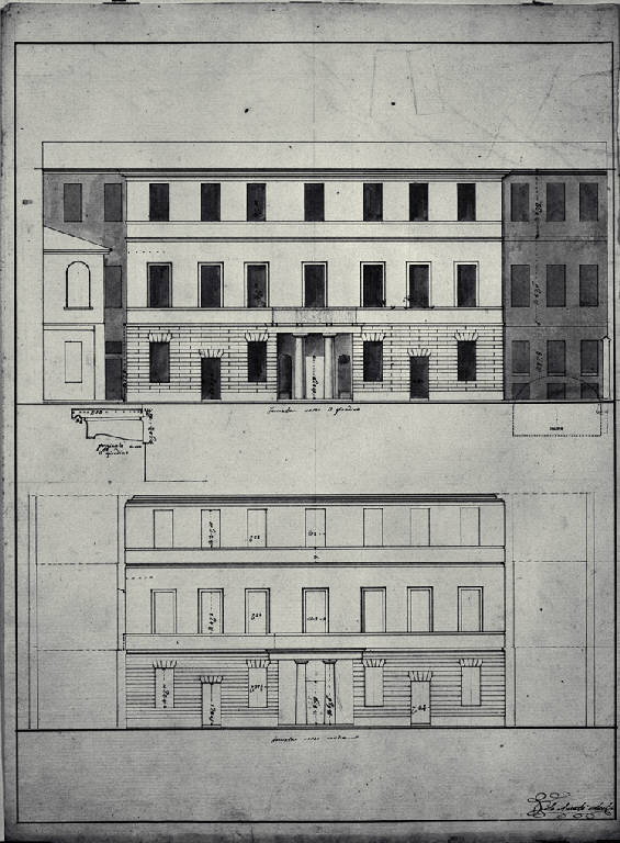 Prospetti verso la strada e verso il cortile di un palazzo con dettaglio del poggiolo verso il giardino (disegno) di Amati, Carlo (sec. XIX)