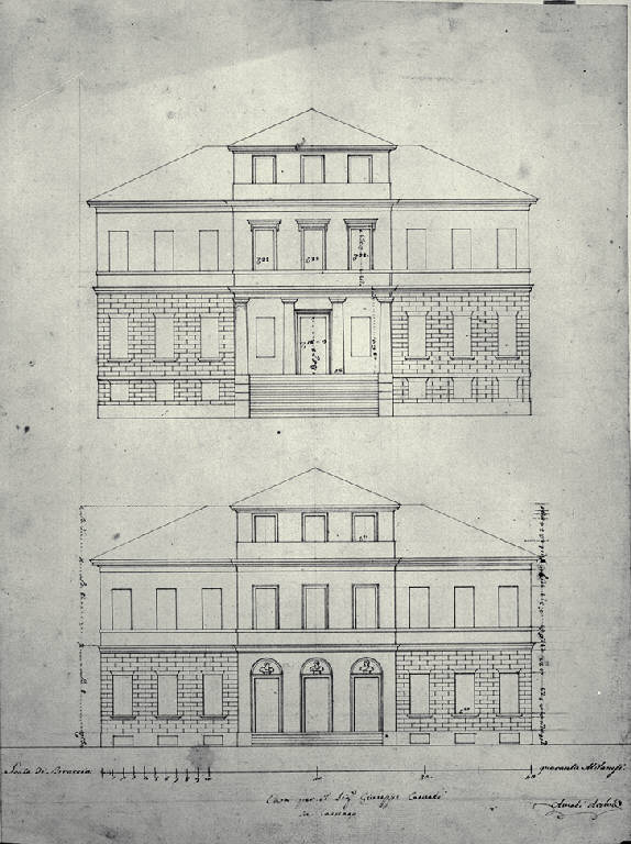 Prospetti verso la strada e il giardino della Villa Casnati a Casnate (disegno) di Amati, Carlo (sec. XIX)