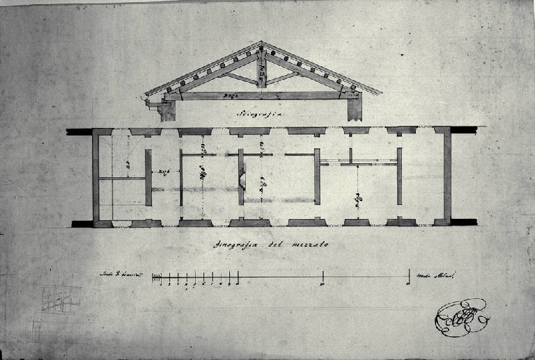 Pianta di un mezzano della Villa Durini (detta Grassa) a Monza con sezione del tetto (disegno) di Amati, Carlo (sec. XIX)