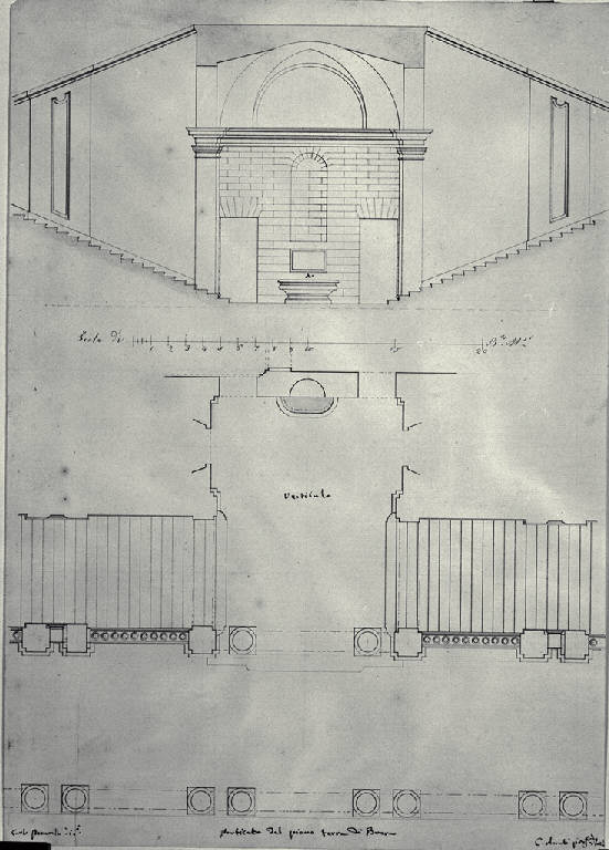 Pianta e prospetto del porticato del piano terra del Palazzo di Brera a Milano (disegno) di Peverelli, Carlo (sec. XIX)