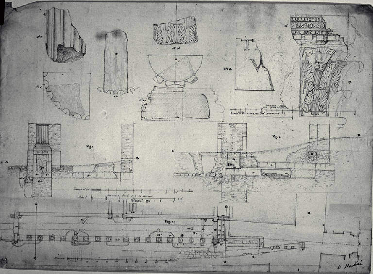 Pianta, prospetti e sezioni dello scavo delle Colonne di S. Lorenzo a Milano (disegno) di Amati, Carlo (sec. XIX)