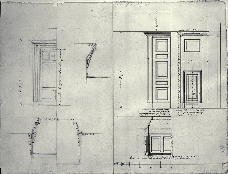 Pianta e prospetto della porta della chiesa di S. Giorgio a Cornate d'Adda (disegno) di Amati, Carlo (sec. XIX)