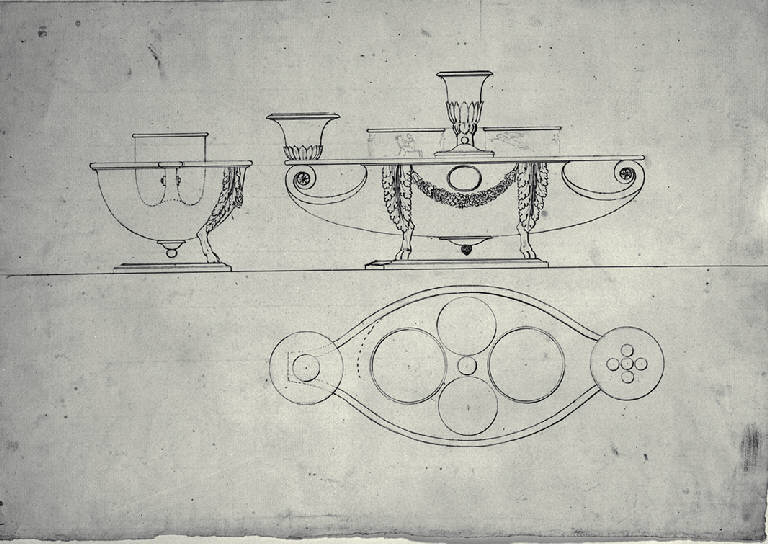 Pianta, prospetto e sezione di un calamaio (?) (disegno) di Amati, Carlo (prima metà sec. XIX)