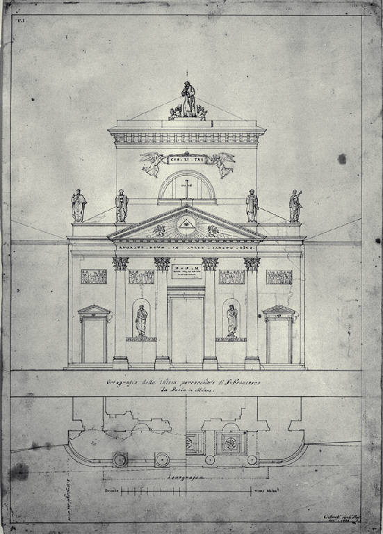 Pianta e prospetto della fronte della chiesa di S. Francesco di Paola a Milano (disegno) di Amati, Carlo (sec. XIX)