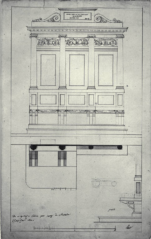 Pianta, sezione e prospetto di un seggio della chiesa di S. Vigilio a Calco (disegno) di Amati, Carlo (sec. XIX)