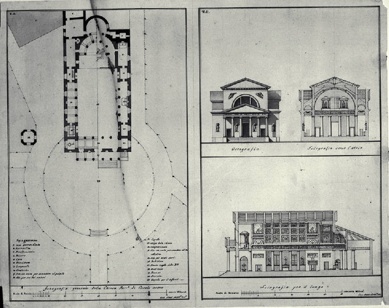 Diverse chiese (t. I, II), Pianta, prospetto, sezioni della chiesa di S. Giorgio a Casatenovo (disegno) di Amati, Carlo (sec. XIX)