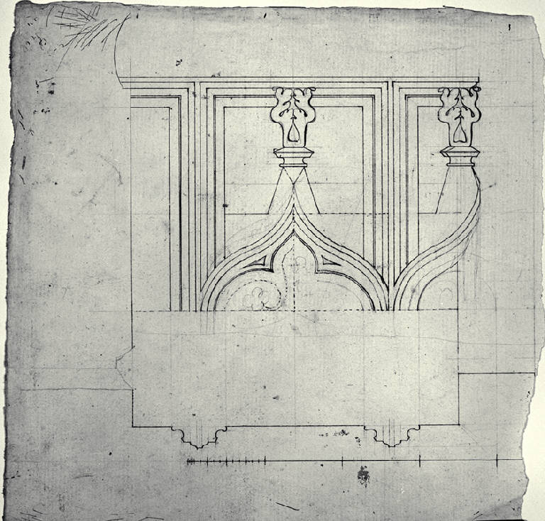 Pianta e prospetto di elemento decorativo a fiamma per il Duomo di Milano (disegno) di Amati, Carlo (sec. XIX)