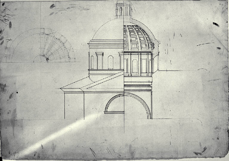 Pianta, prospetto e sezione trasversale della cupola del Duomo di Bergamo (disegno) di Amati, Carlo (sec. XIX)
