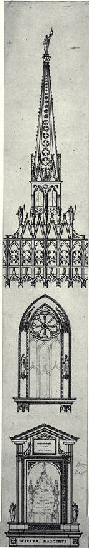 Prospetti della guglia principale, di una finestra e del balcone delle omelie del Duomo di Milano (disegno) di Amati, Carlo (sec. XIX)