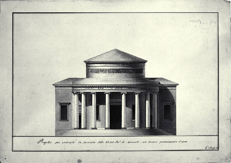 Prospetto della chiesa di S. Giorgio a Cornate d'Adda con pianta parziale della fronte (disegno) di Amati, Carlo (sec. XIX)