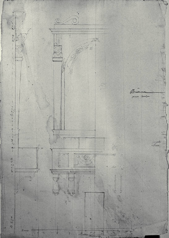 Prospetto e sezione di un pulpito della chiesa dei SS. Pietro, Marcellino e Erasmo a Besana in Brianza (disegno) di Amati, Carlo (sec. XIX)