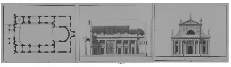 Pianta, sezione longitudinale e prospetto di chiesa con pronao tetrastilo e torre absidale (disegno) di Amati, Carlo (sec. XVIII)