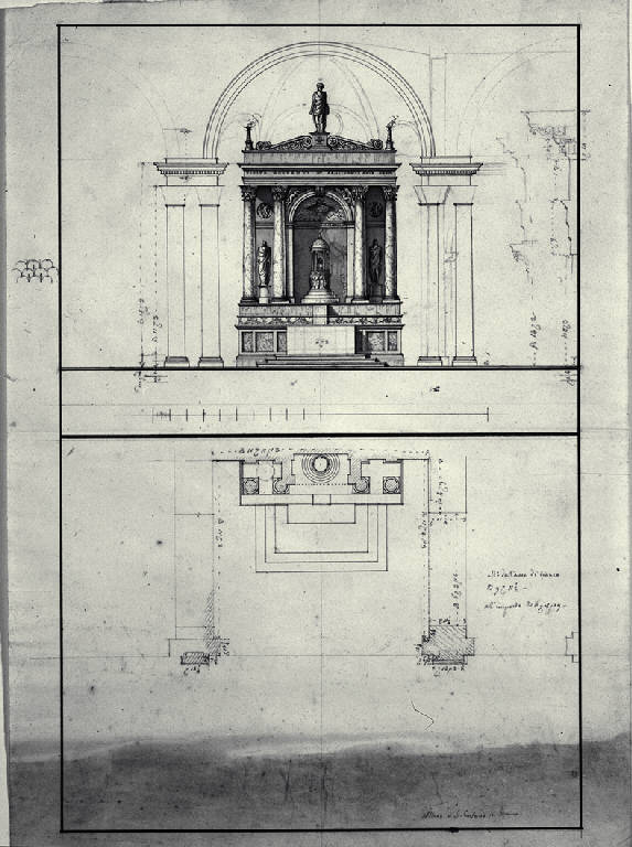 Pianta, prospetto e sezione dell'altare di S. Contardo nella chiesa arcipretale a Broni (disegno) di Amati, Carlo (sec. XIX)