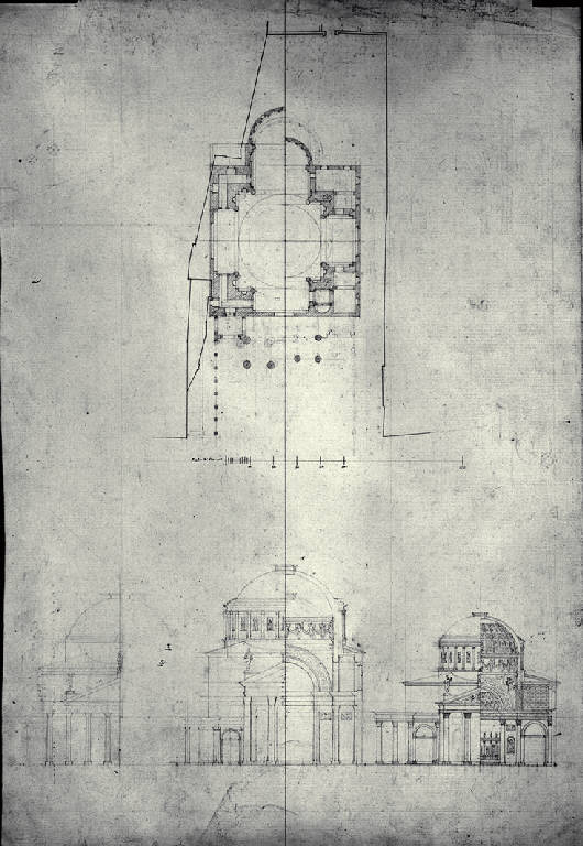 Pianta, prospetti e sezione trasversale della chiesa di S. Maria de' Servi a Milano (disegno) di Amati, Carlo (sec. XIX)