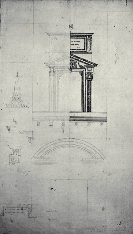 Prospetto del balcone delle omelie del Duomo di Milano e dettagli di elementi decorativi (disegno) di Amati, Carlo (sec. XIX)