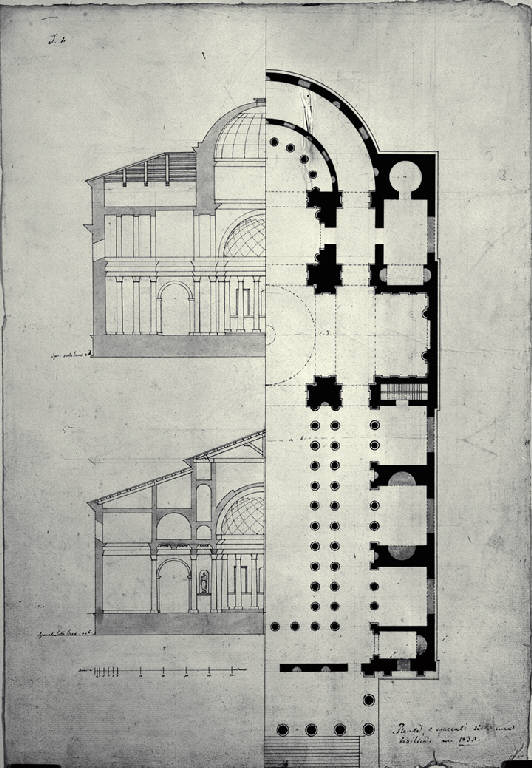 Pianta e sezioni di una basilica (disegno) di Amati, Marco (sec. XIX)