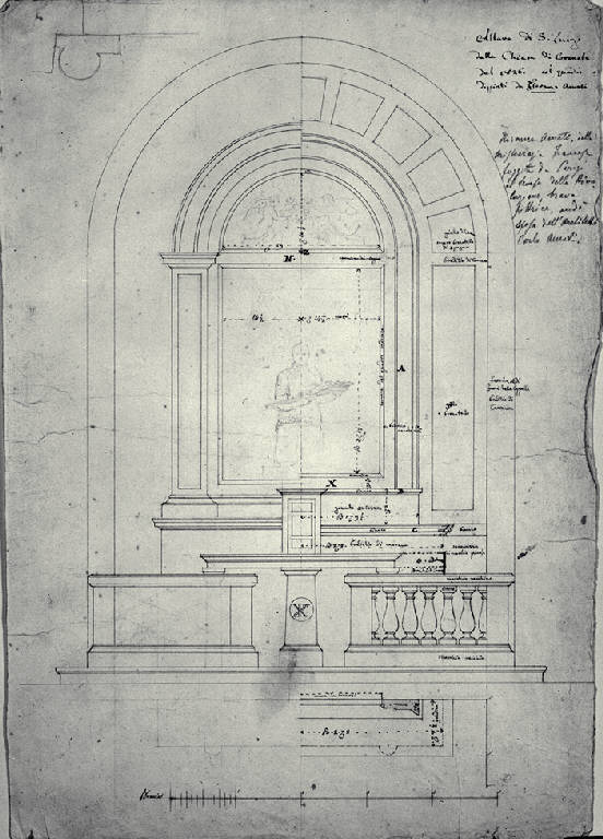 Pianta e prospetto dell'altare di S. Luigi della chiesa di S. Giorgio a Cornate d'Adda (disegno) di Amati, Carlo (sec. XIX)
