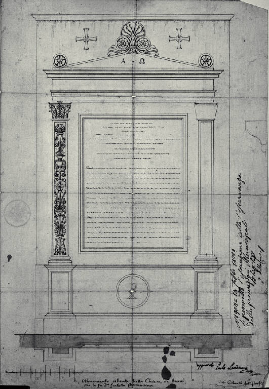 Pianta e prospetto della lapide per la contessa Isabella Blasio Pallavicini nella chiesa di S. Maria de' Servi a Milano (disegno) di Amati, Carlo (sec. XIX)