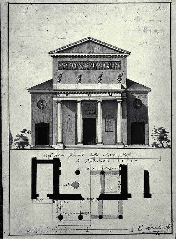 Pianta e prospetto della fronte della chiesa di S. Maria Assunta a Paderno d'Adda (disegno) di Amati, Carlo (sec. XVIII)