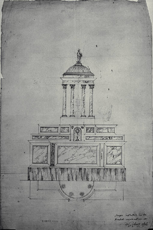 Pianta e prospetto dell'altare maggiore della chiesa dei SS. Pietro e Paolo ai Tre Ronchetti a Milano (disegno) di Amati, Carlo (sec. XIX)