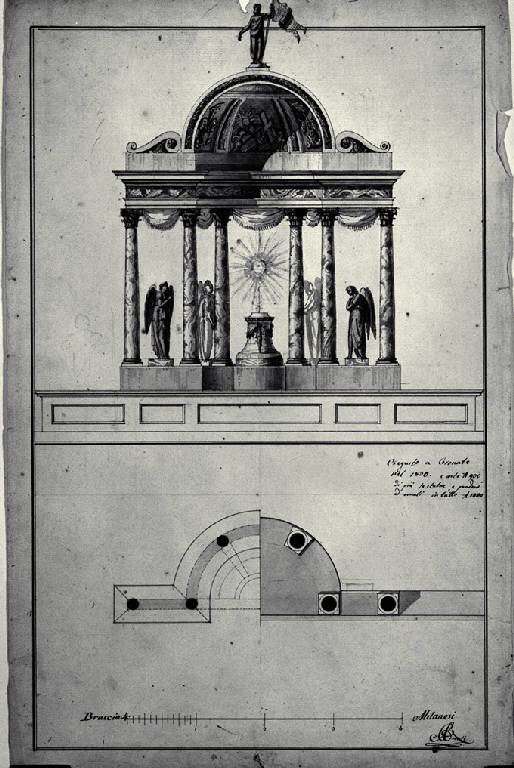 Pianta e prospetto dell'altare maggiore della chiesa di S. Giorgio a Cornate d'Adda (disegno) di Amati, Carlo (sec. XIX)