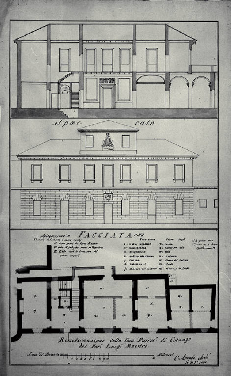 Pianta, prospetto e sezione trasversale della casa parrocchiale a Colnago (disegno) di Amati, Carlo (sec. XIX)