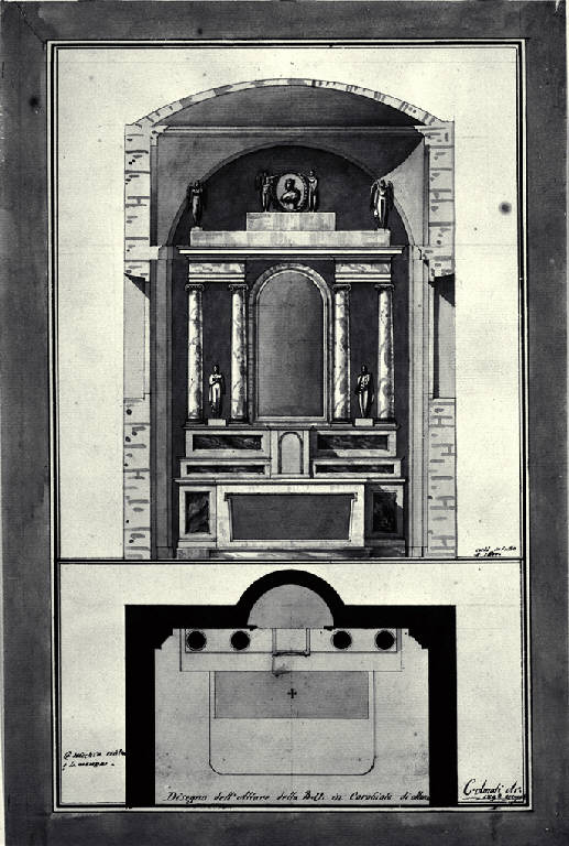 Pianta e prospetto dell'altare dell'Addolorata nella chiesa di S. Maria del Carrobiolo a Monza (disegno) di Amati, Carlo (sec. XIX)